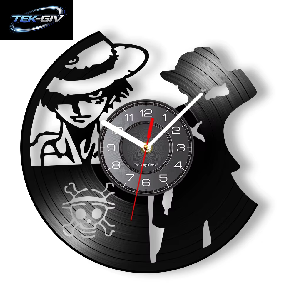Captain Luffy Cartoon Schallplatte Wanduhr Strohhut Strohhut Pirat Silent Retro Musikalbum Wandkunst Dekorative Wanduhr