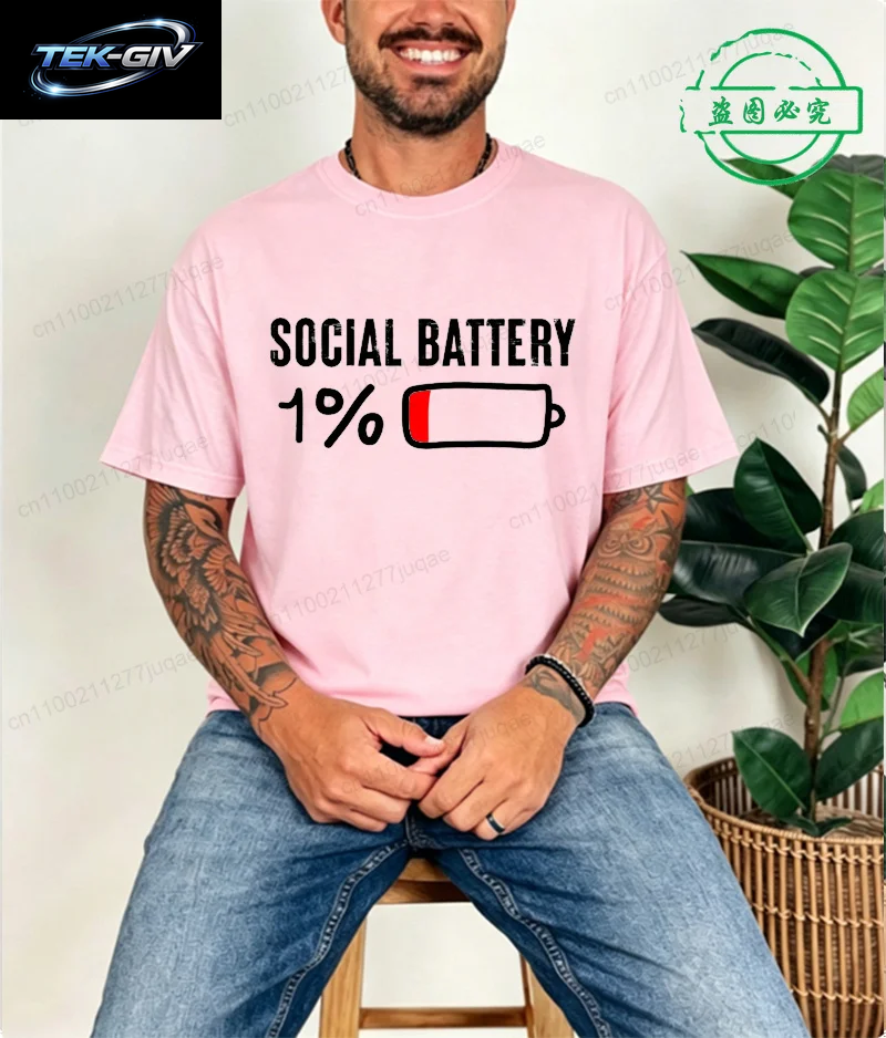 T-Shirt Für Männer, Social Battery 1 Percent, Lustiges Introvert-T-Shirt, Herren-Tops, Freizeitkleidung, Übergröße, Vintage-Kleidung, Trend-T-Shirt