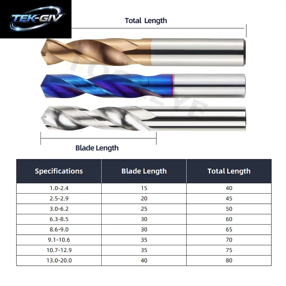 TOOLEYE HRC55 ° Wolframkarbid-Bohrer, Metallbohrer Für Cnc-Drehmaschine, Edelstahl, Bohren, Hartes Metallbearbeitungswerkzeug, 0,5–20,0 Mm