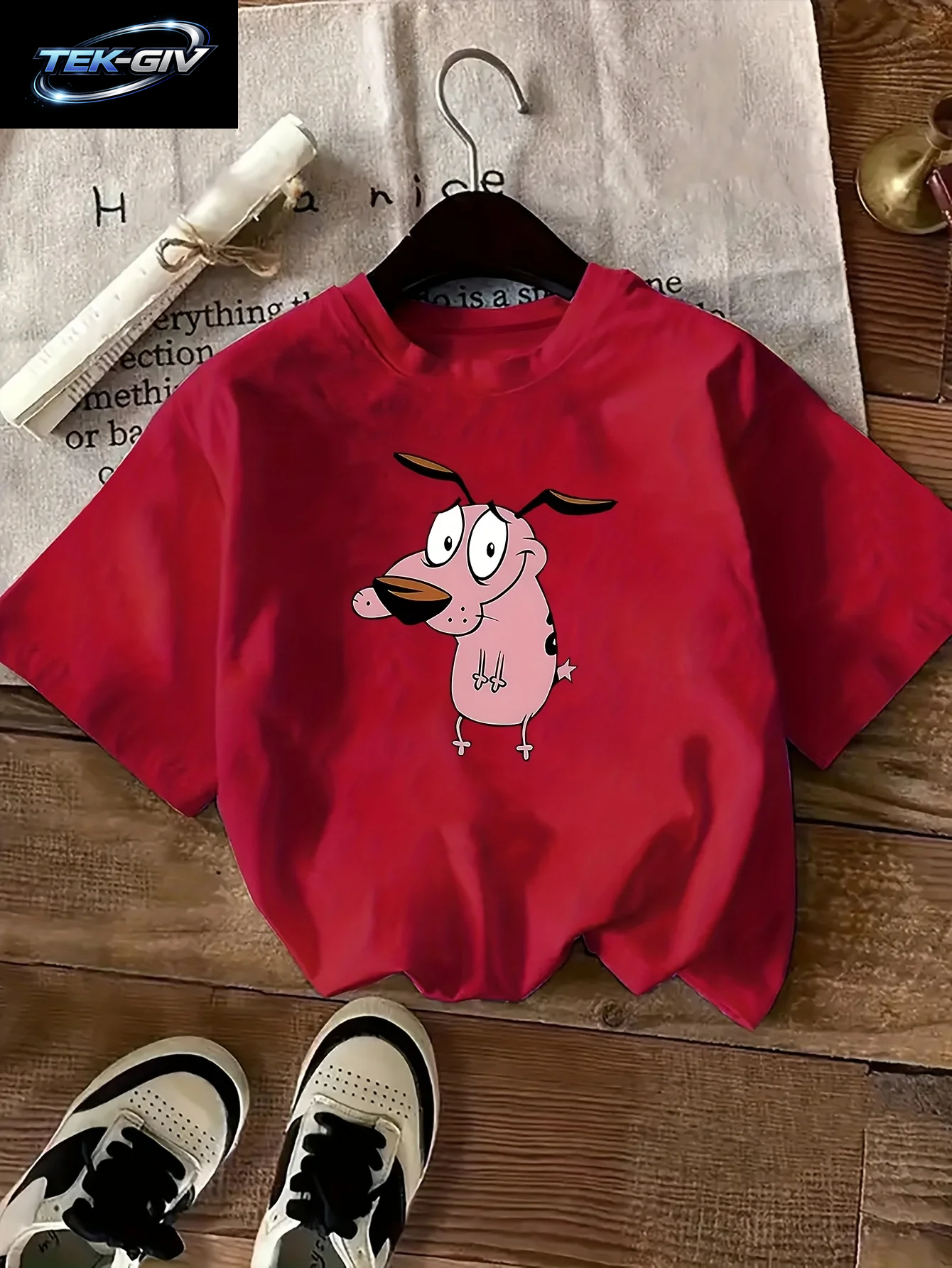Damen-T-Shirt „Courage the Cowardly Dog“, Kreativ Bedruckt, Für Den Sommer, Rundhalsausschnitt, Kurzärmelig, Lässiges Oberteil, T-Shirt-Kleidung