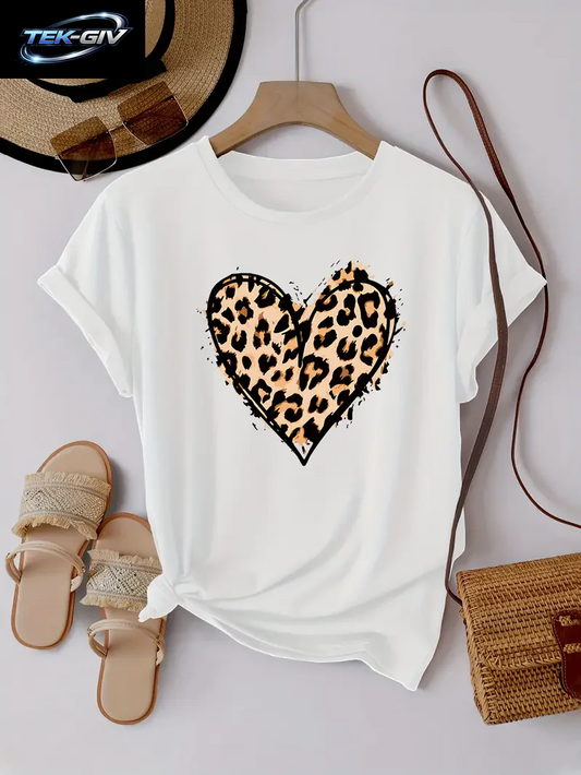 Sommer Top T-Shirt Leopardenmuster Herz Grafik Liebhaber T-Shirt Grafik T-Shirts Damenbekleidung Mode T-Shirt