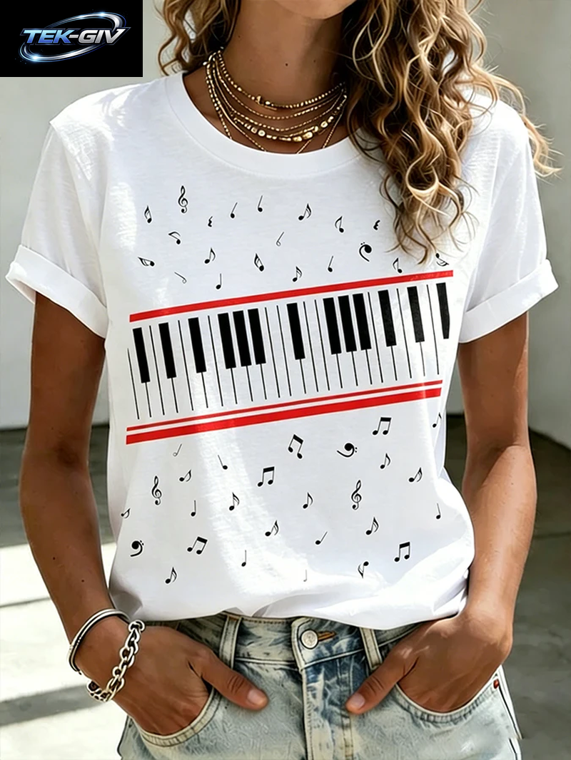 Ilstile Damen-T-Shirts Mit Klavier-Musiknoten-Aufdruck, Sommer, Kurzärmelig, Lässig, Rundhalsausschnitt, Retro-Fan-Favorit-T-Shirts, NEU