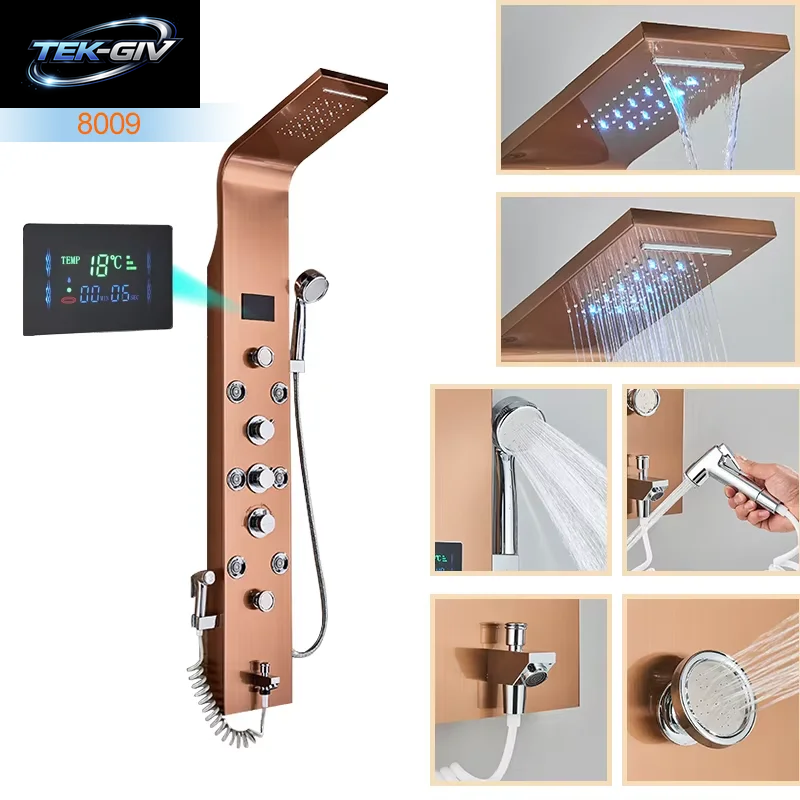 Luxus Bad Dusche Panel Wasserfall Regen Dusche Kopf Heiß Kalt Mischbatterie Bidet Wasserhahn Mit Handbrause Massage Jets Auslauf