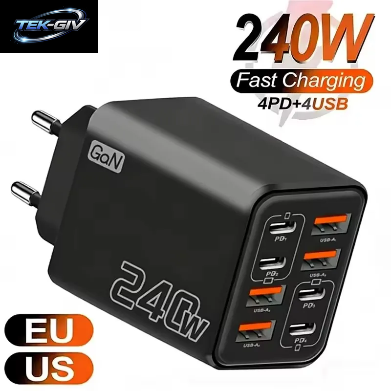 240W Gan Usb-C-Ladegerät 8-In-1 Schnellladegerät Für Iphone, Samsung, Xiaomi, Typ-C, Eu/Us-Stecker, Wandladegerät