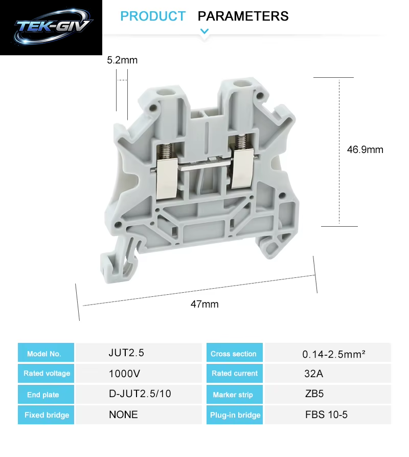 10 Stück UT 2,5 Din-Schienenklemmenblock 0,14–2,5 Mm2 Innensechskantschraube Installation 26–12 AWG Kupfer Verzinnter Drahtverbinder UT2.5