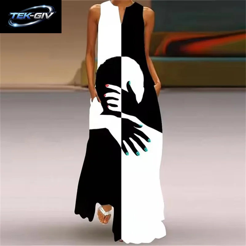Sommer Outdoor Street Fashion Frauen Langes Kleid Neue Abstrakte Kunstdruck Kleid Ärmellose Weste V-Ausschnitt Mode Frauen Party Kleid