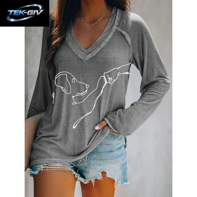 Ilstile Damen-T-Shirts Mit Hundemotiv, Sommer, Lässig, Locker, Langärmelig, V-Ausschnitt, Weiß, Schwarz, Blau, Grün, T-Shirt, Heißer Verkauf