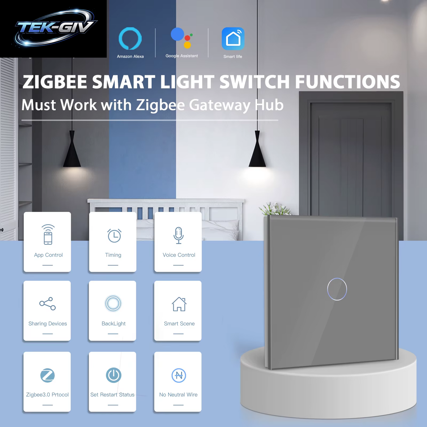 BSEED Zigbee Schalter 1/2/3Gang 2Way Verdrahtung Smart Touch Licht Schalter Wand Sensor Schalter Tuya APP Smart Leben Google Alexa