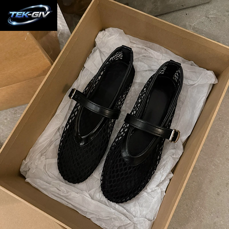 Im Sommer Tragen Runde Zehen, Gerade Schnallen, Lässig Und Bequem, Flache Damenschuhe, Ausgeschnittene Mary Jane-Einzelschuhe, Netzschuhe