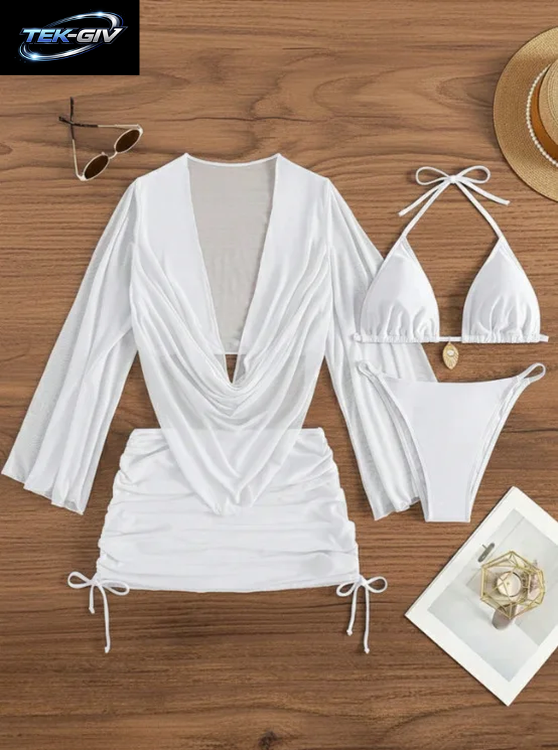 4-Teiliges Sexy Einfarbiges Bikini-Set Mit Transparentem Überzug, Geeignet Für Urlaub, Strandparty, Perfekt Für Neujahr Und Valentinstag