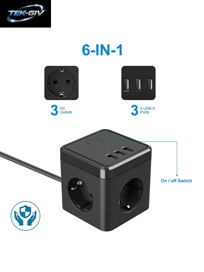 Cube Mehrfachsteckdose Mit Usb-Schnellladeanschluss, 3-Wege-Steckdose Mit Schalter, 2 Euro- Und 1 Schuko-Steckdose Für Zuhause, Schlafzimmer, Büro