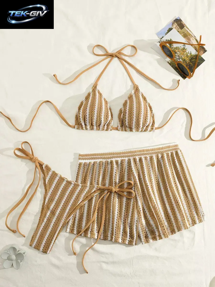 2026 Neuer Stil Boxershorts Mesh Dreiteiliges Damen-Badeanzug-Ausschnitt-Schnür-Bikini-Set