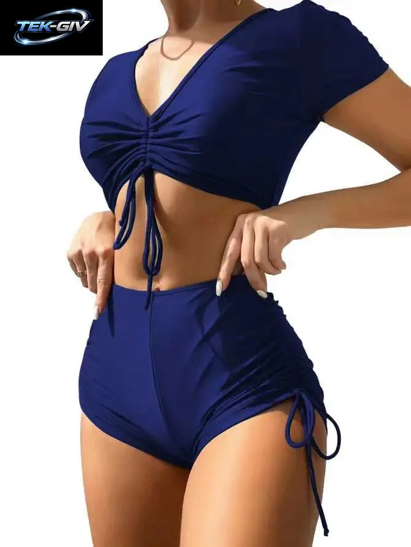 Sexy Bikini-Set Mit Kordelzug 2026 Damen Grün Schwarz Kurzarm Zweiteiliger Badeanzug Sommer Bademode Plissierter Hochgeschnittener Badeanzug