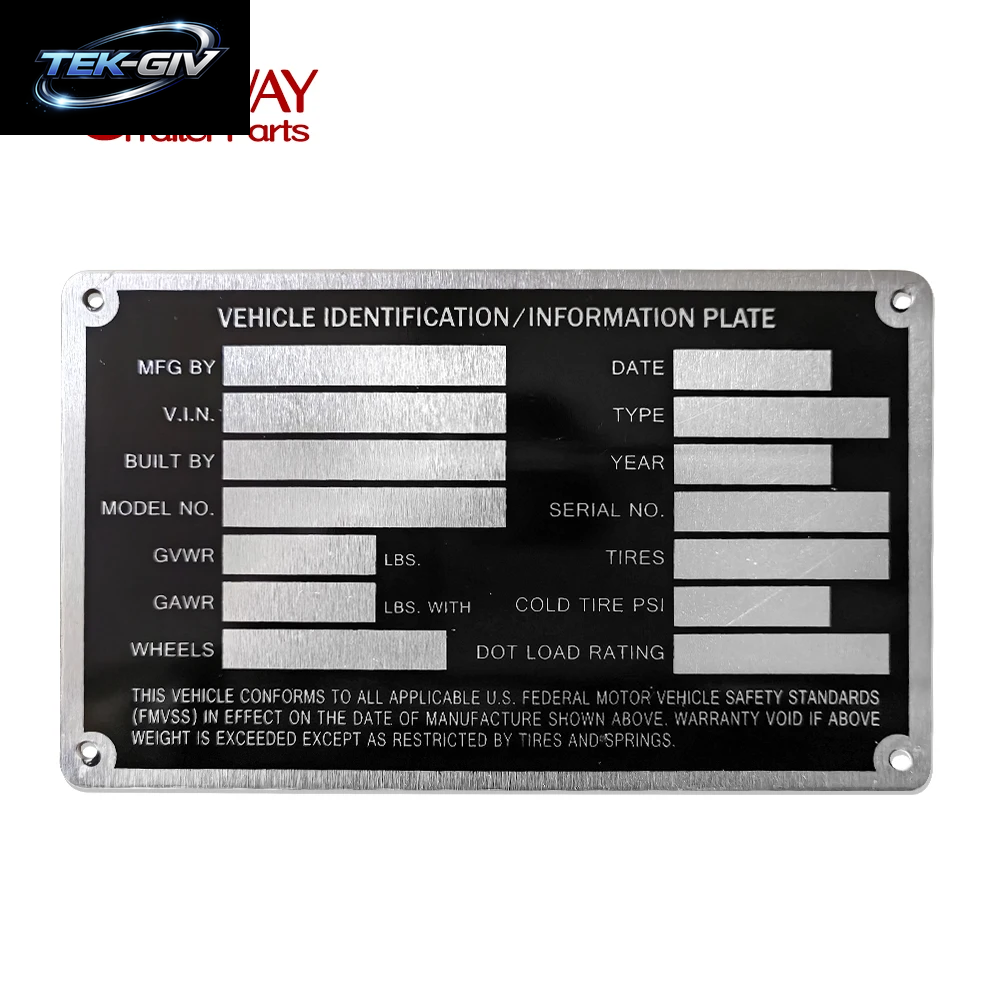Heavy Duty Aluminium Blank Trailer Truck Equipment Rahmenplatte Serielles Modell ID Tag GVWR Pulverbeschichtetes Finish RV Teile Zubehör