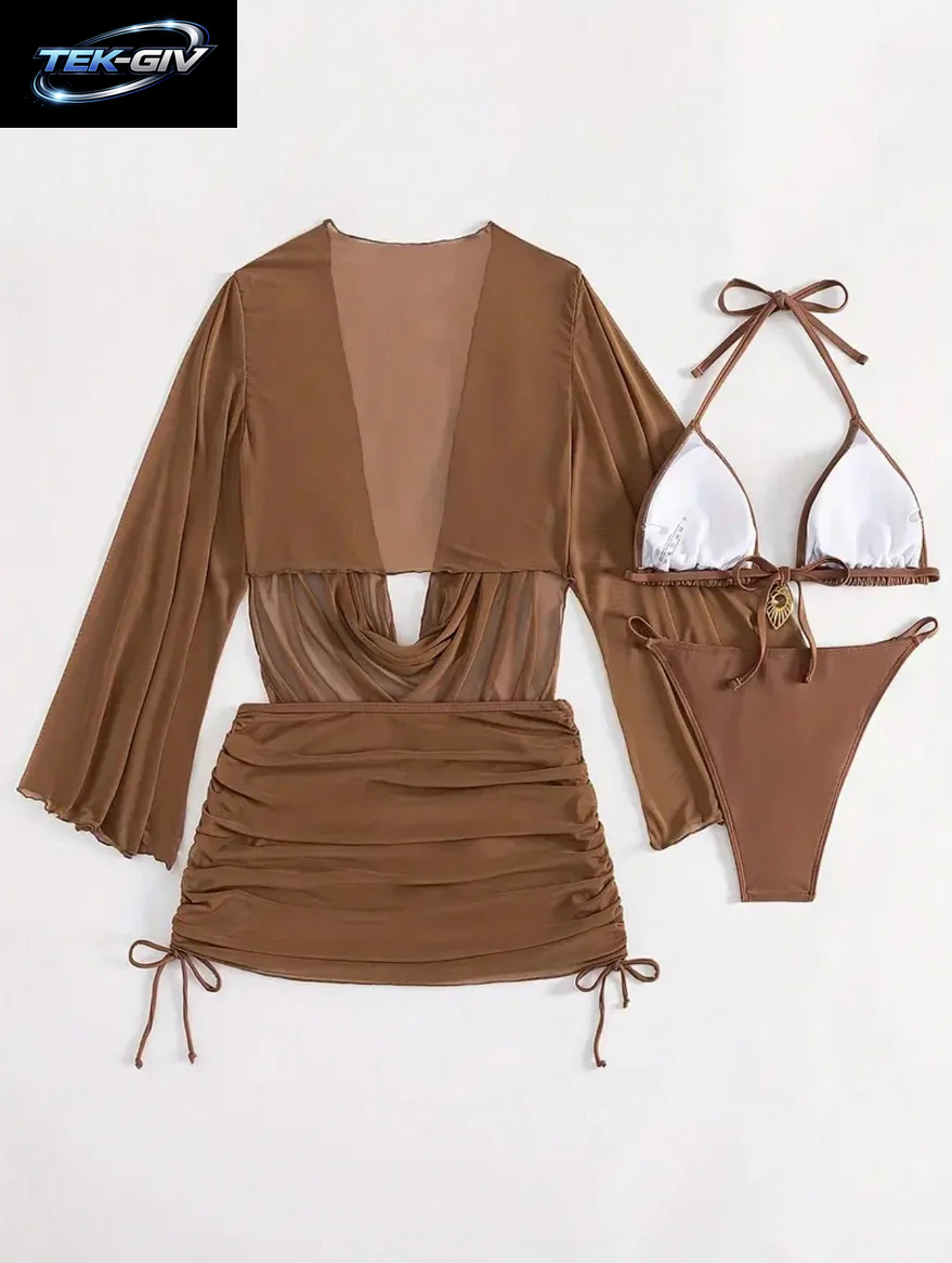 4-Teiliges Sexy Einfarbiges Bikini-Set Mit Transparentem Überzug, Geeignet Für Urlaub, Strandparty, Perfekt Für Neujahr Und Valentinstag