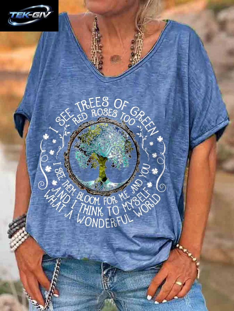 Ilstile Damen-T-Shirt Mit V-Ausschnitt, Hippie-Print „What a Wonderful World“, Sommer-Kurzarm-T-Shirt Für Damen, Oberteile, Lässige T-Shirts