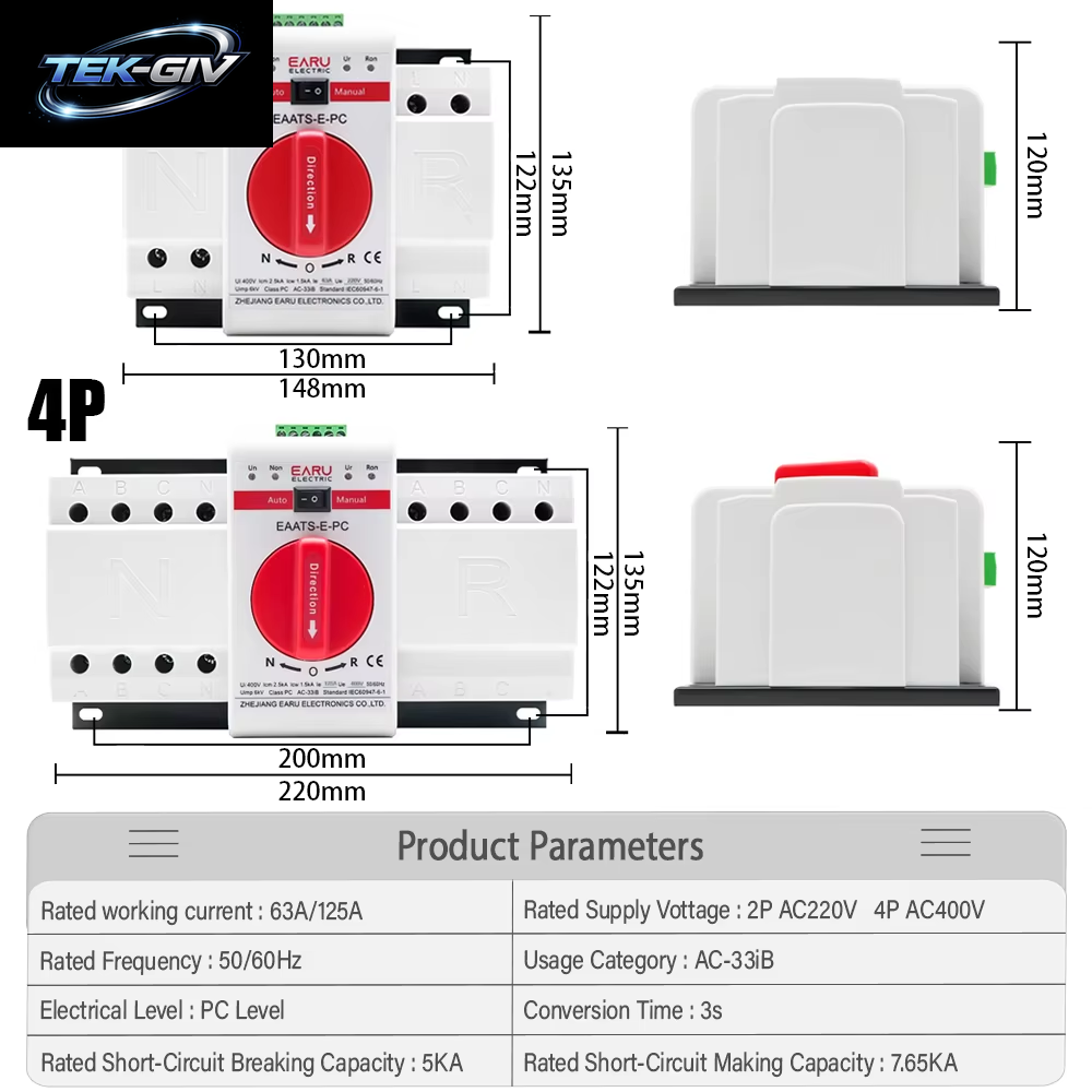 2P 4P 63A 125A ATS PV Dual Power Automatische Transfer Schalter AC220V 400V 50/60Hz Typ MCB Auto Manuelle Sal Schalter Leistungsschalter