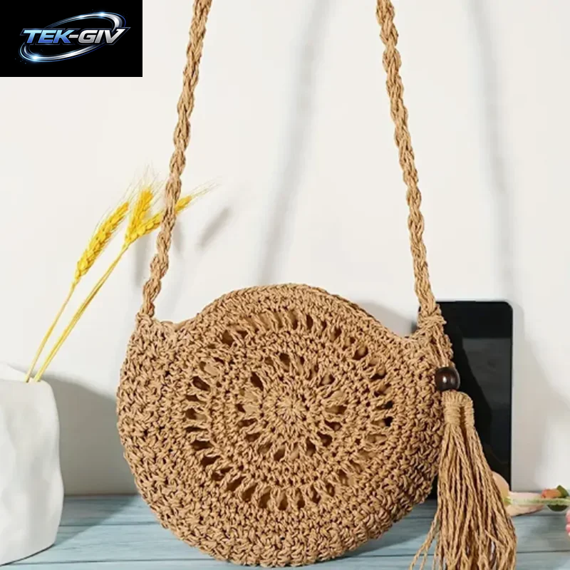 Mode Aushöhlen Schulter Taschen Casual Stroh Umhängetasche Kleine Runde Tasche Geldbörse Quaste Messenger Handtaschen Bolsa Feminina