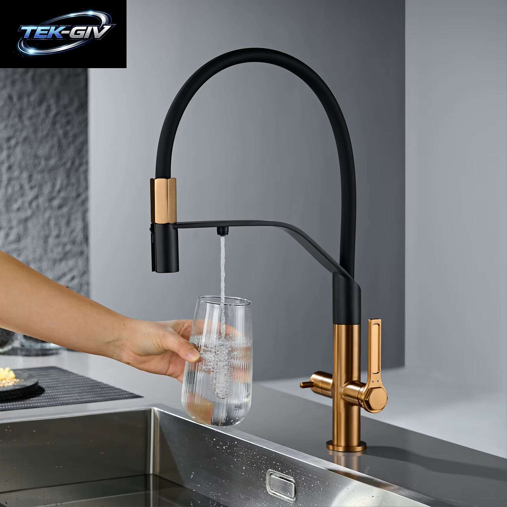 Moderner Waffengrauer Edelstahl 3-In-1 Küchenarmatur Mit Filterwasser 1-Loch Doppelgriff-Mischer Für Kalt- Und Warmwasser Spülbeckenarmatur
