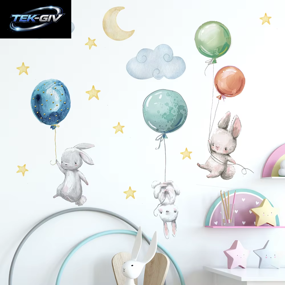 Niedliche Schöne Fliegende Kaninchen Wandaufkleber Luftballons Mond Stern Wolke Abnehmbarer Aufkleber Für Kinder Kinderzimmer Babyzimmer Dekor Poster Wandbild