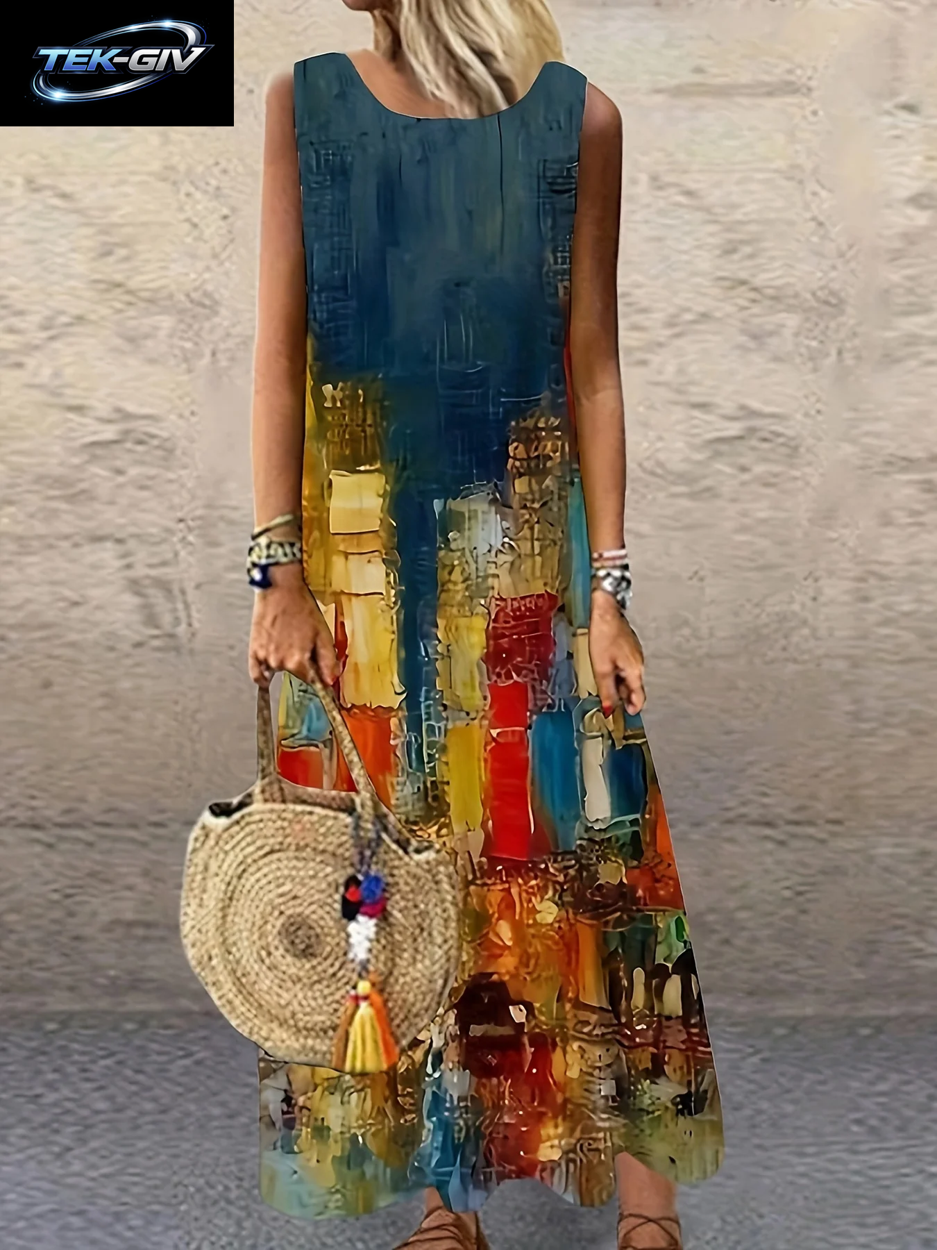 Boho-Urlaubskleid Mit Sonnenblumen-Ethno-Print, Rundhals, Locker Geschnittenes Langes Urlaubskleid, Dopamin-Kleid, Leichtes, Reifes Maxikleid