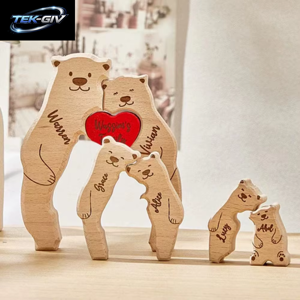Personalisiertes Familienbären-Puzzle-Dekor, Individuelle Namen, Passend Für 2–6 Namen, Rustikale Holzbären, Saisonale Dekoration Für Mutter Und Vatertag