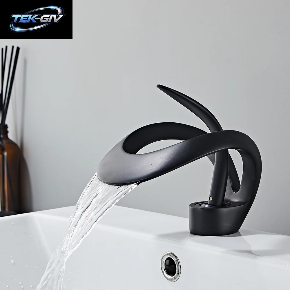Schwarz Badezimmer Waschbecken Wasserhähne Einhand Wasserfall Wasserhahn Massivem Messing Waschbecken Mischbatterien Kreative Ausgehöhlte Design Wasserhahn