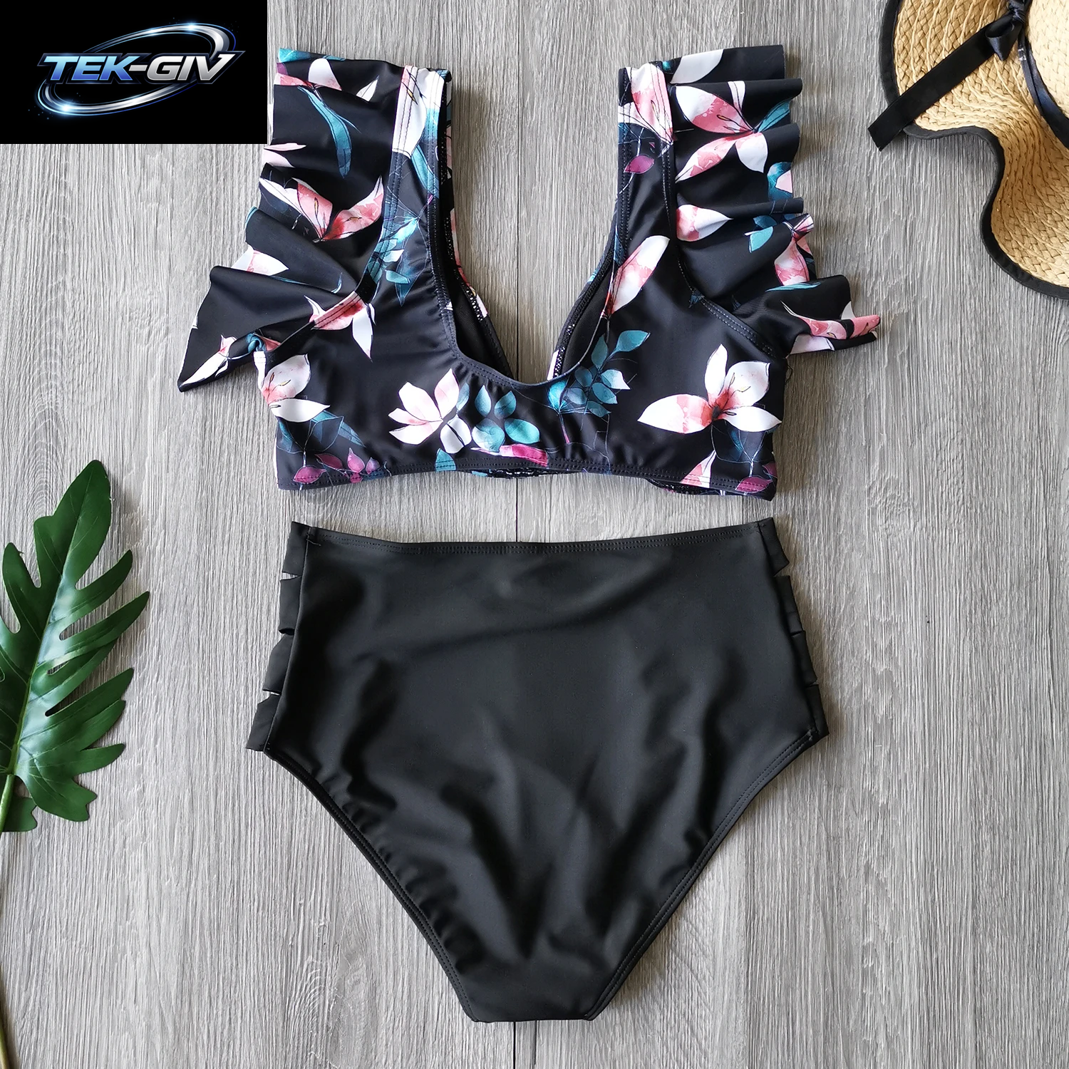2026 High-Waist Bandage Bikini-Set Für Damen Mit Blumenmuster, Rüschen, Push-Up Und Riemchen – Brasilianischer Biquini Badeanzug