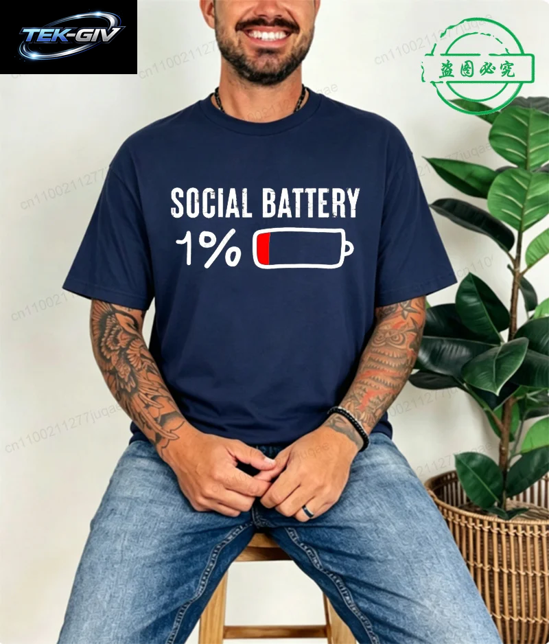T-Shirt Für Männer, Social Battery 1 Percent, Lustiges Introvert-T-Shirt, Herren-Tops, Freizeitkleidung, Übergröße, Vintage-Kleidung, Trend-T-Shirt