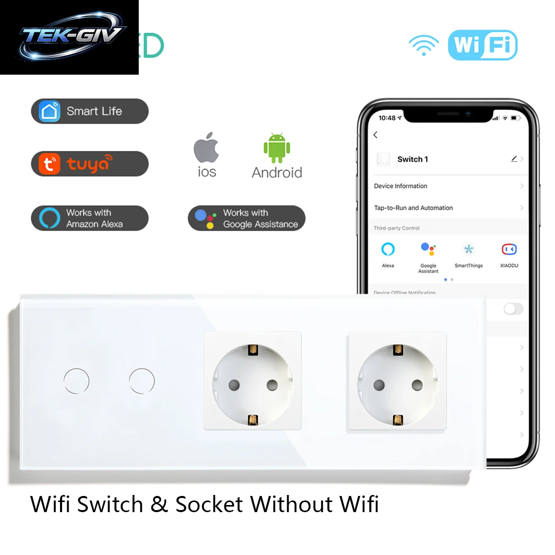 BSEED Wifi Touch Schalter Wand Licht Schalter Mit EU Buchse USB Typ-C Stecker Tuya Smart Leben Alexa Yandex App Steuerung Glas Panel