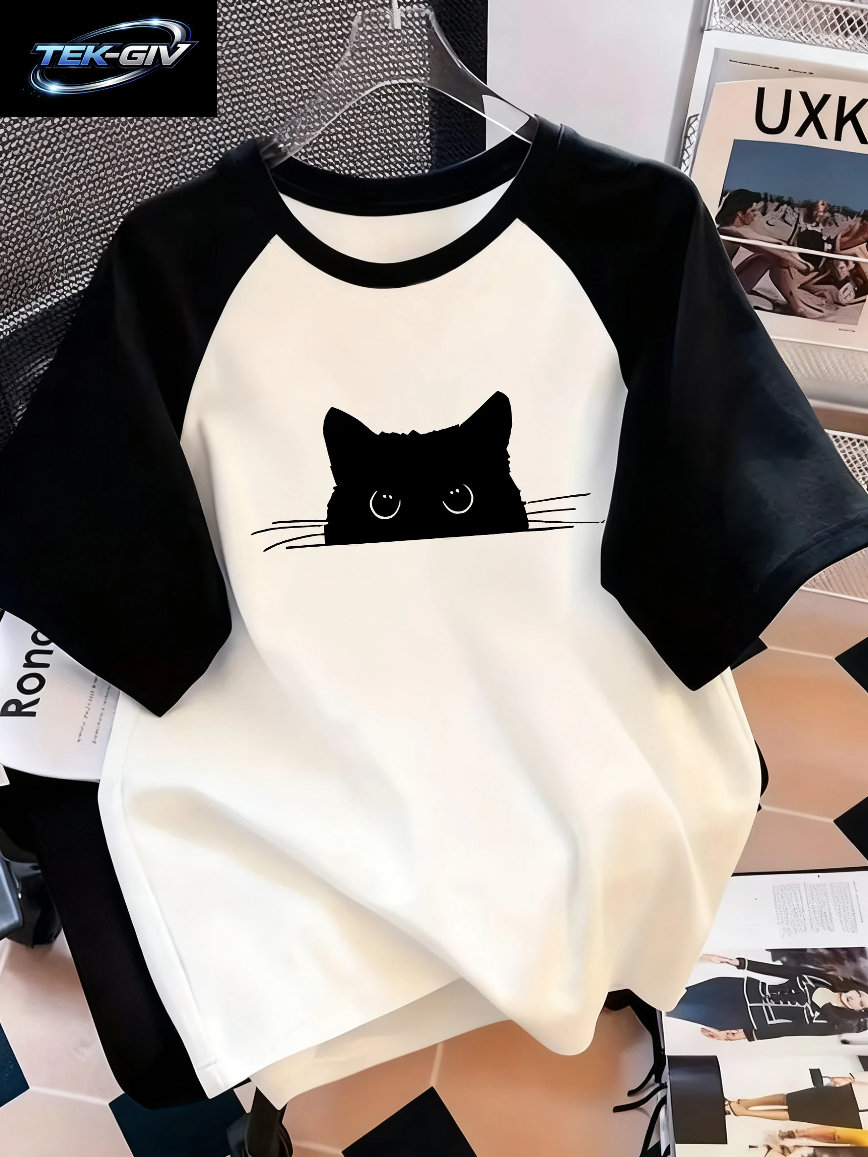 Kawaii T-Shirt Retro Schwarze Katze Brief Drucken Rundhals T-Shirt Lässiges Kurzarm Top Für Frühling Sommer Damenbekleidung
