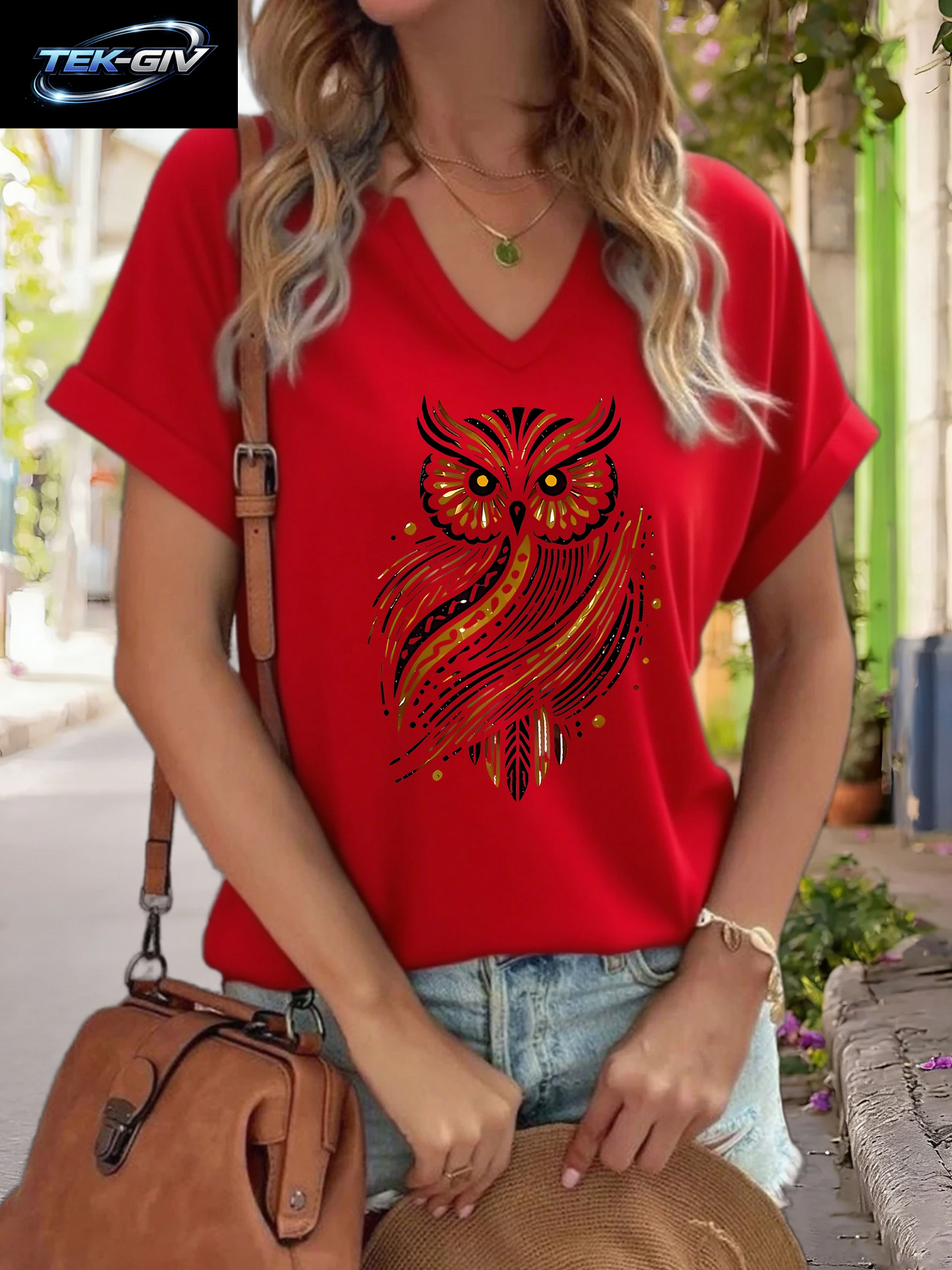 Damen-T-Shirt Mit V-Ausschnitt Und „Golden Tribal Owl“-Grafik, Boho-Tiermuster, Lässiges, Kurzärmliges Bohemian-Oberteil, Weiche Baumwolle Für Den Alltag