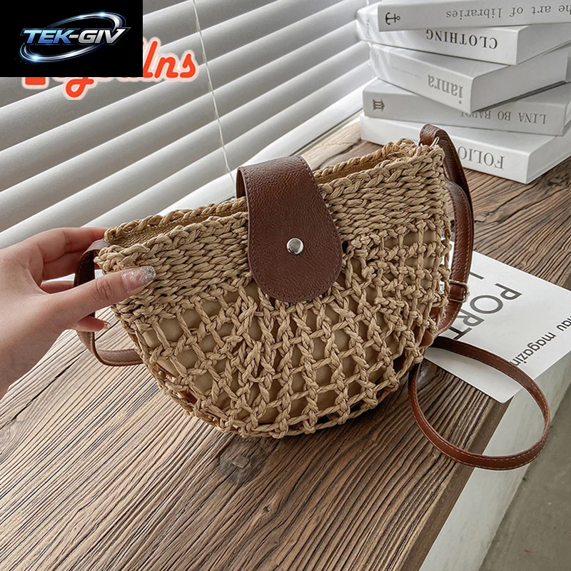 Yogodlns Sommer Stroh Tasche Für Frauen Mode Halbkreis Umhängetaschen Rattan Handgemachte Messenger Handtasche Reise Strand Taschen Tote
