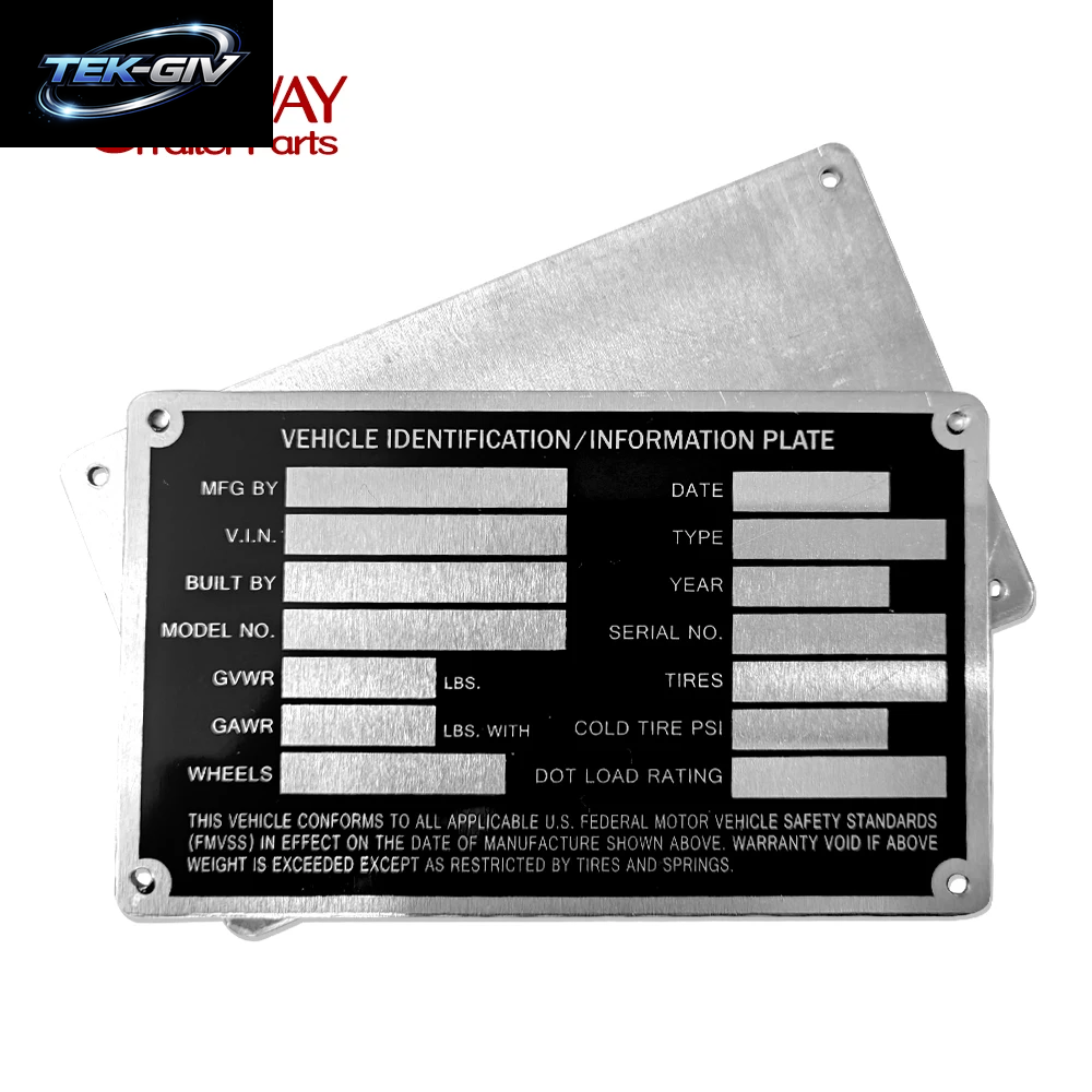 Heavy Duty Aluminium Blank Trailer Truck Equipment Rahmenplatte Serielles Modell ID Tag GVWR Pulverbeschichtetes Finish RV Teile Zubehör