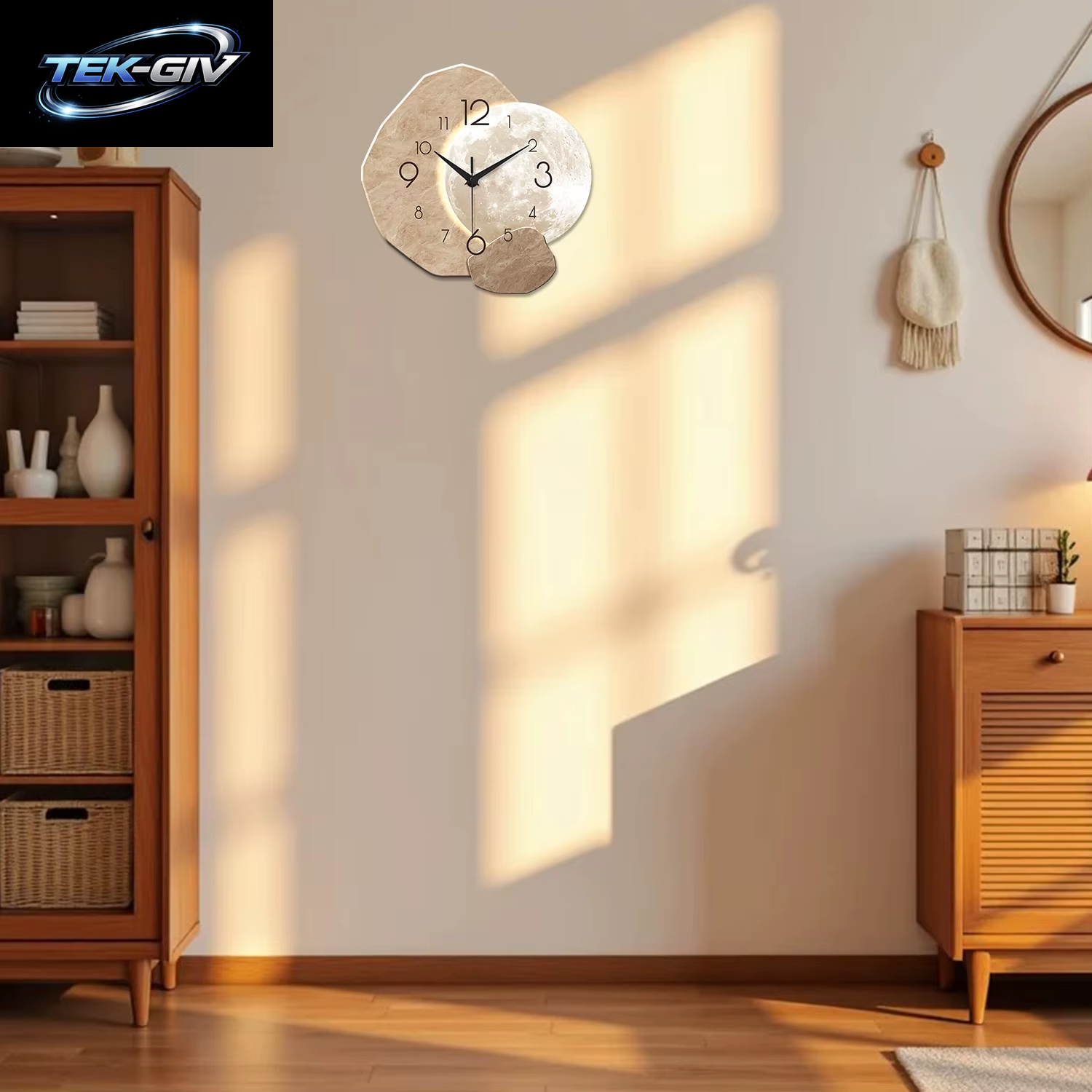 Moderne, Schlichte, Geräuschlose Wanduhr, Monddesign – Quarzwerk, Holzmaterial, Für Schlafzimmer, Wohnzimmer Oder Bürodekoration