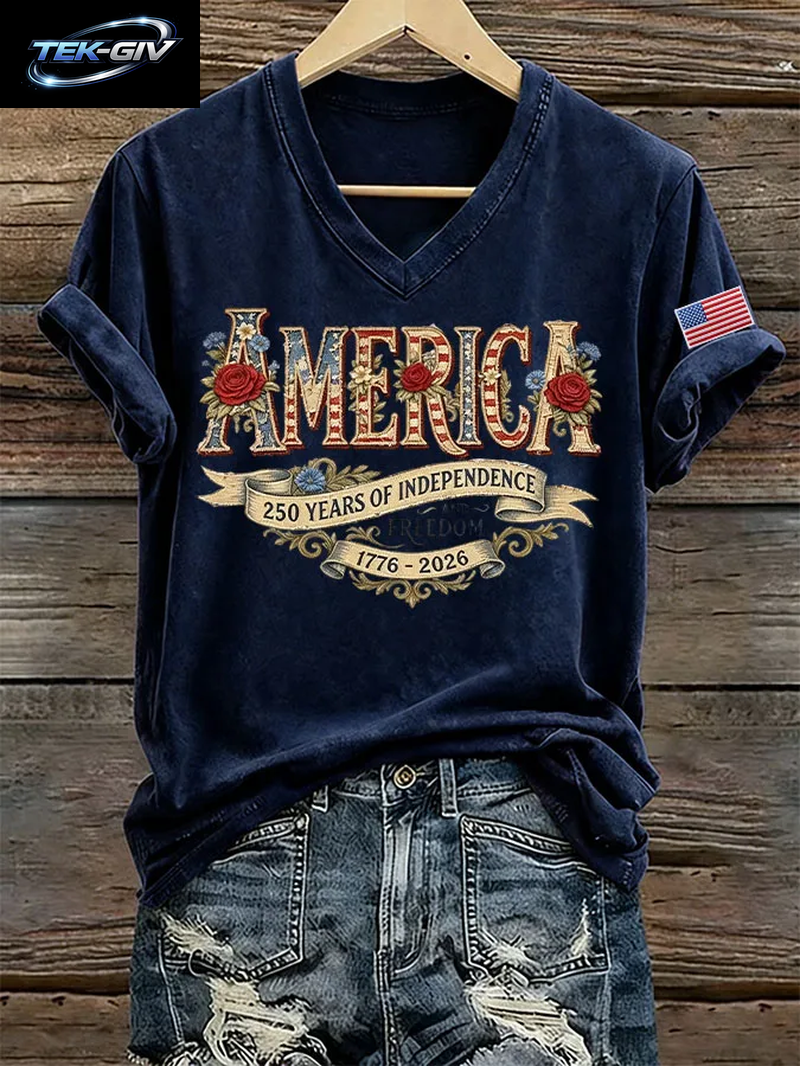 NEUE Damen-T-Shirts Mit Us-Flaggen-Aufdruck 1776-2026, Sommer-T-Shirt Zum 250. Jahrestag Amerikas, Kurzärmelig, Lässige Oberteile Mit V-Ausschnitt