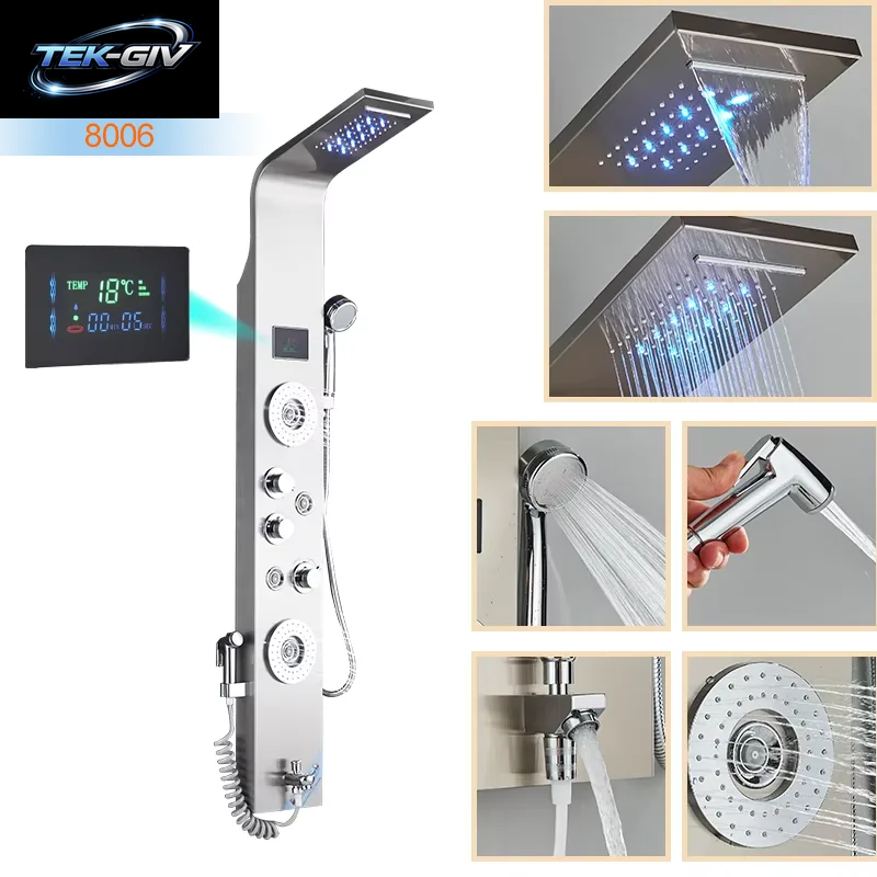 Luxus Bad Dusche Panel Wasserfall Regen Dusche Kopf Heiß Kalt Mischbatterie Bidet Wasserhahn Mit Handbrause Massage Jets Auslauf