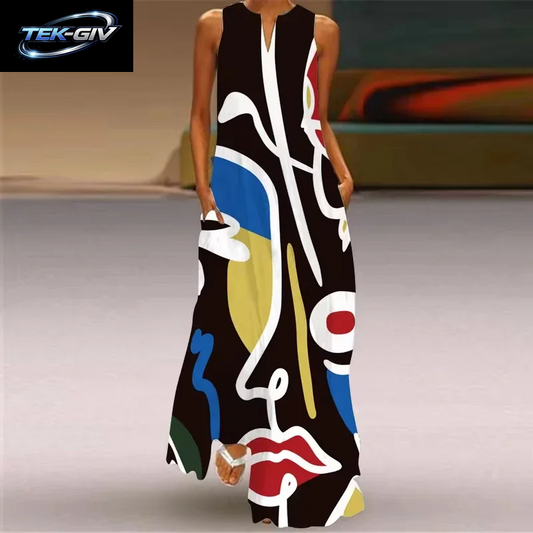 Sommer Outdoor Street Fashion Frauen Langes Kleid Neue Abstrakte Kunstdruck Kleid Ärmellose Weste V-Ausschnitt Mode Frauen Party Kleid