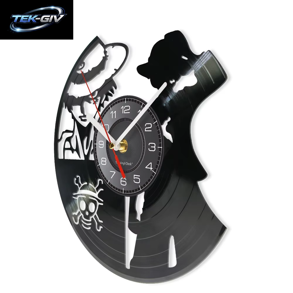 Captain Luffy Cartoon Schallplatte Wanduhr Strohhut Strohhut Pirat Silent Retro Musikalbum Wandkunst Dekorative Wanduhr