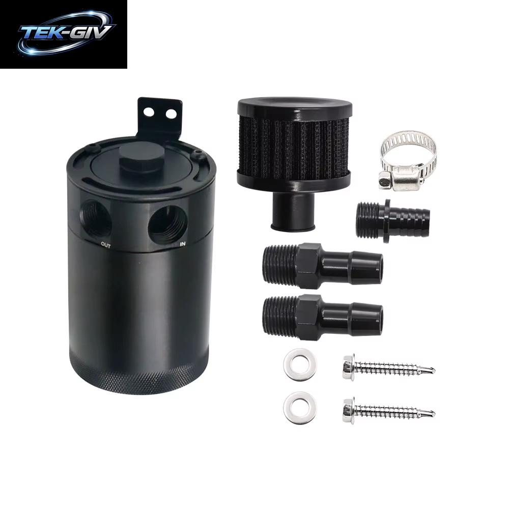 HD 2-Port-Ölfangdose Tank Kraftstoff Tank Rennen Verblüfft Mit Ablass Ventil Luftöl Abscheider Universal Schwarz Eloxiert