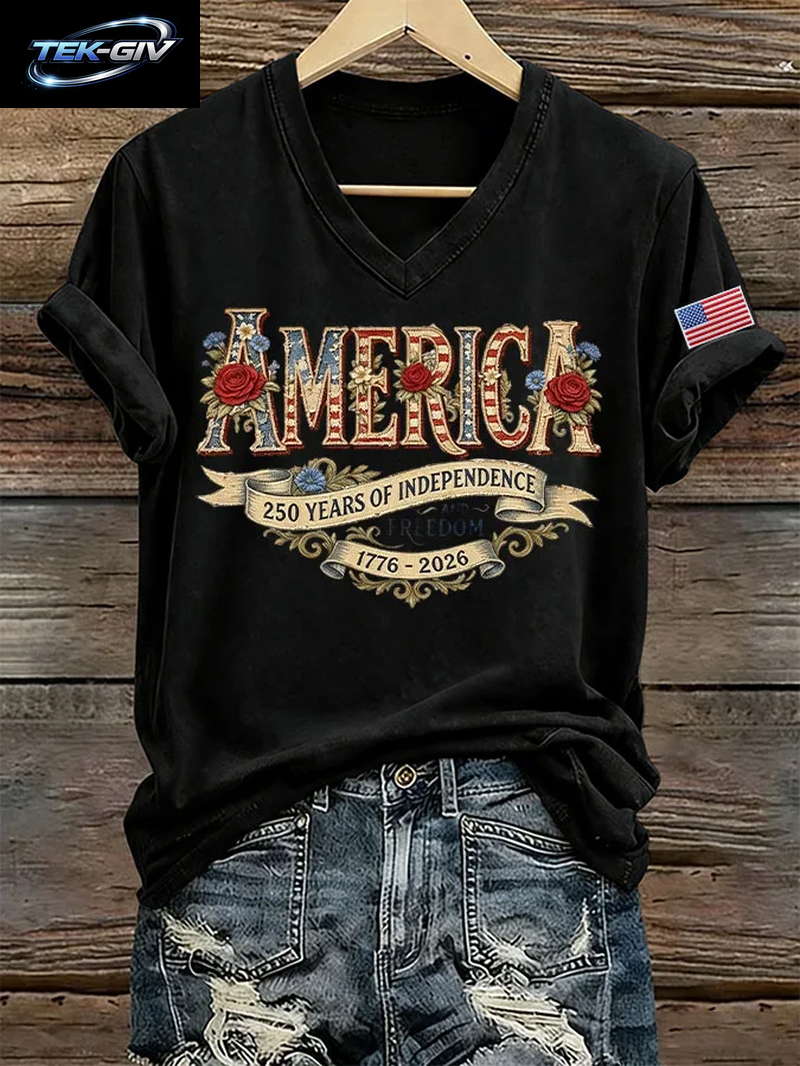NEUE Damen-T-Shirts Mit Us-Flaggen-Aufdruck 1776-2026, Sommer-T-Shirt Zum 250. Jahrestag Amerikas, Kurzärmelig, Lässige Oberteile Mit V-Ausschnitt