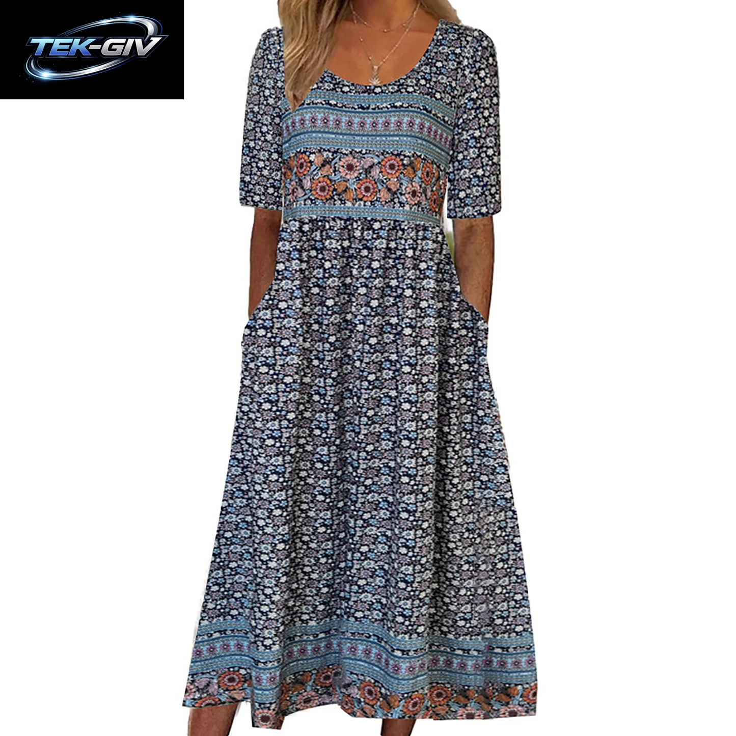 2023 Sommer Neue Frauen Böhmen Lose Mode Druck Rundhals Kurzarm Lange Kleid
