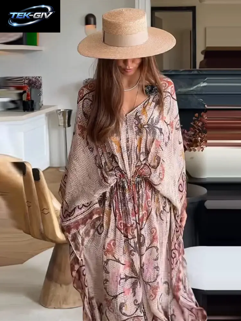 Damen Vintage-Kleid Mit Blumendruck, V-Ausschnitt, Kordelzug, Lange Ärmel, Tailliert, Lockeres Maxikleid, Sommer-Herbst, Schickes, Lässiges Kleid
