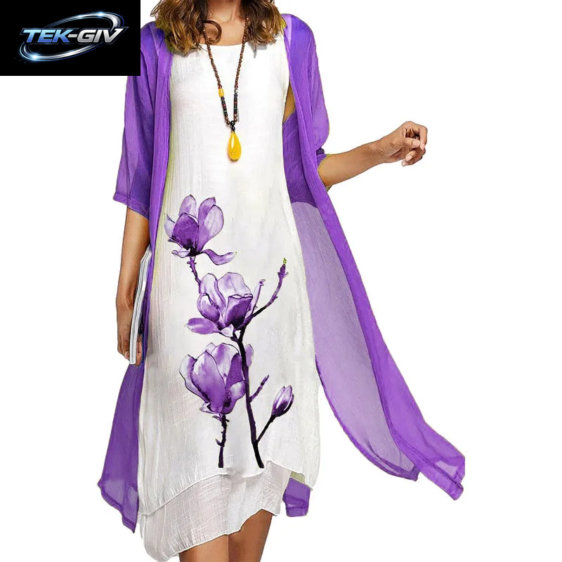 2025 Neu! Eu-Us Sommer-Set Für Damen, Lässig, Eleganz, 2, Bedruckt, Rundhalsausschnitt, Lockeres Kleid, Pullover, Mantel