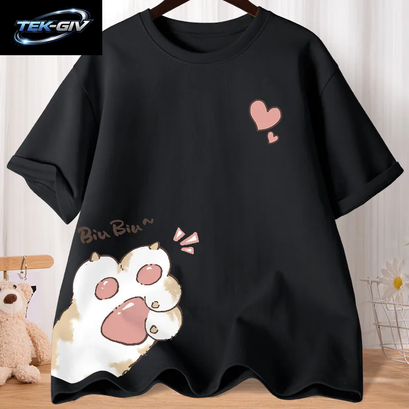 Sommer Cartoon Nette Süße Katze Klaue Liebe Gedruckt Kurzarm T-Shirt Frauen Lose Jugend Student Halbe Hülse Übergroßen Shirt Top