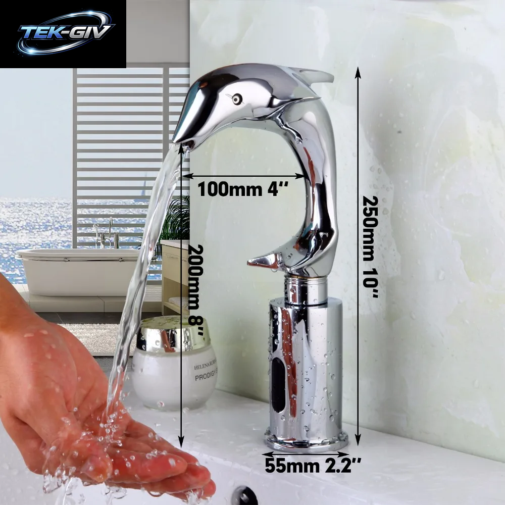 OUBONI Chrome Polnischen Waschen Becken Sinn Armaturen Automatische Sensor Hand Freies Delphin Bad Becken Waschbecken Wasserhahn Chrome Mischbatterie
