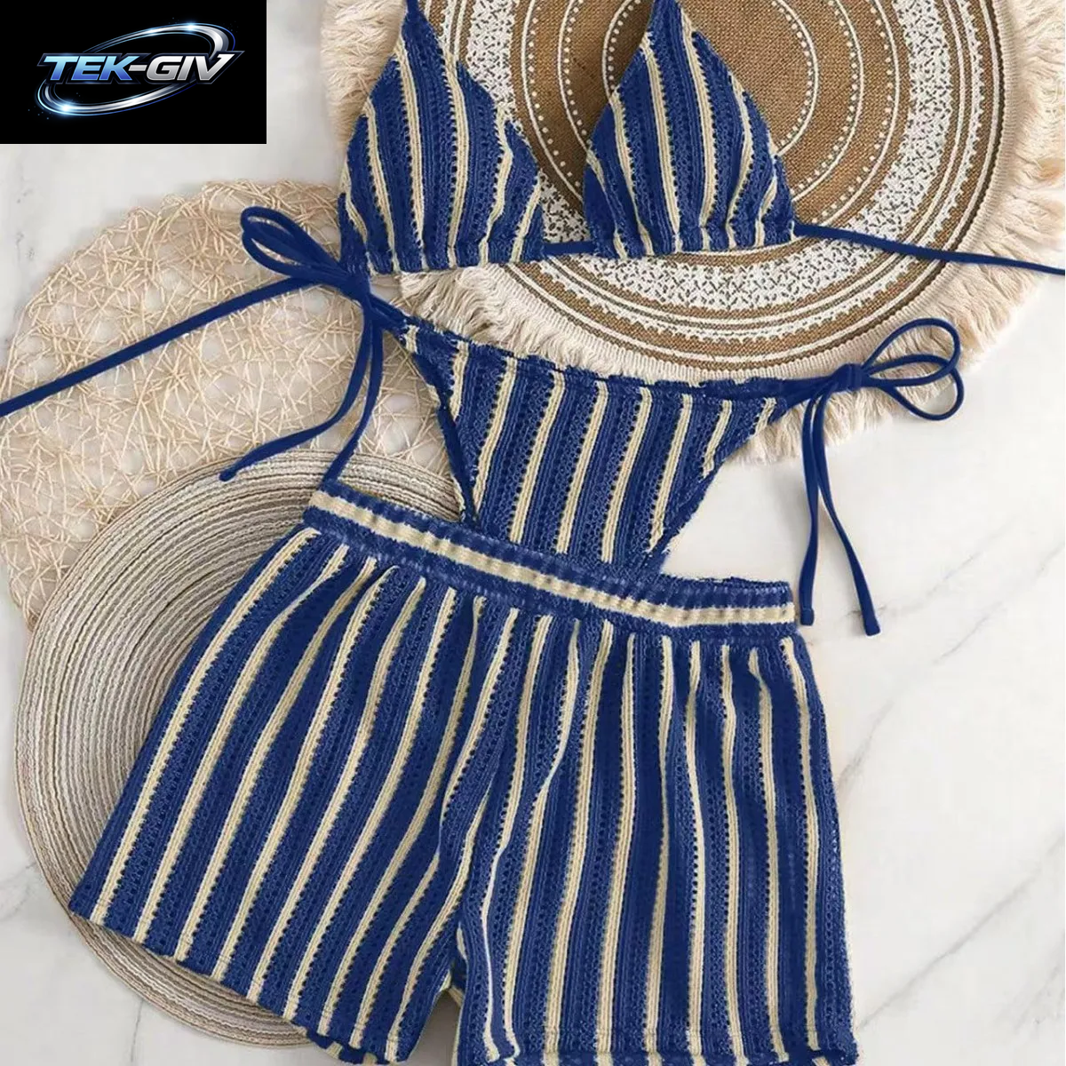 2026 Neuer Stil Boxershorts Mesh Dreiteiliges Damen-Badeanzug-Ausschnitt-Schnür-Bikini-Set