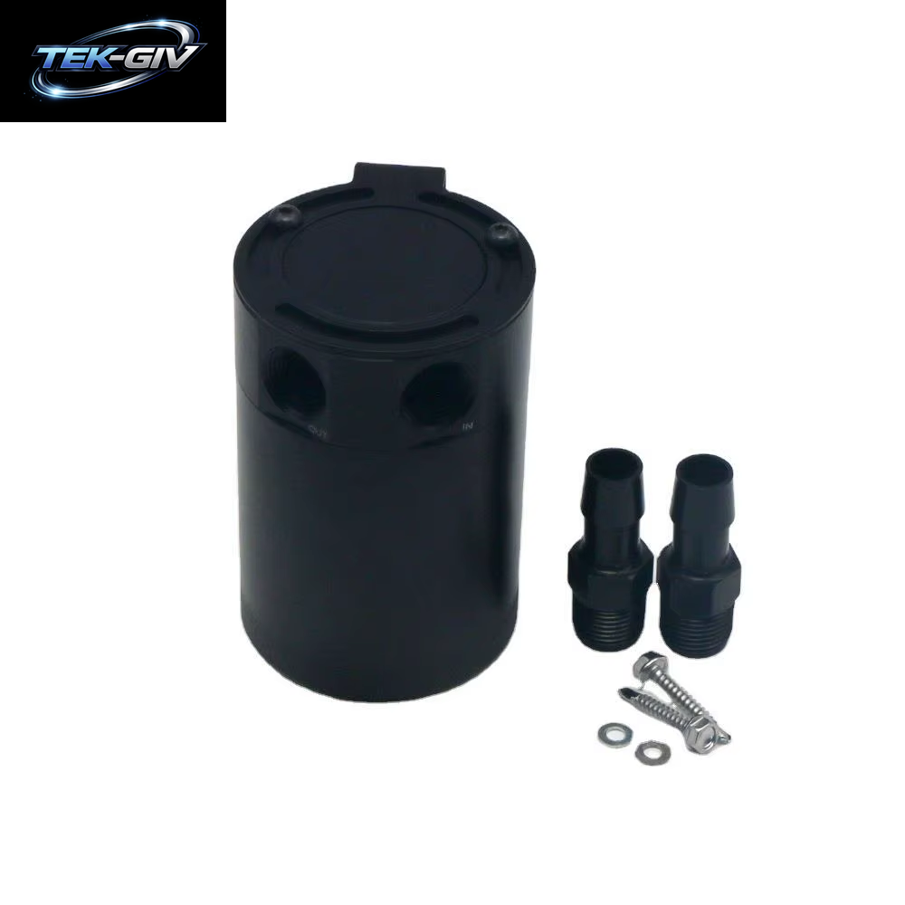 HD 2-Port-Ölfangdose Tank Kraftstoff Tank Rennen Verblüfft Mit Ablass Ventil Luftöl Abscheider Universal Schwarz Eloxiert