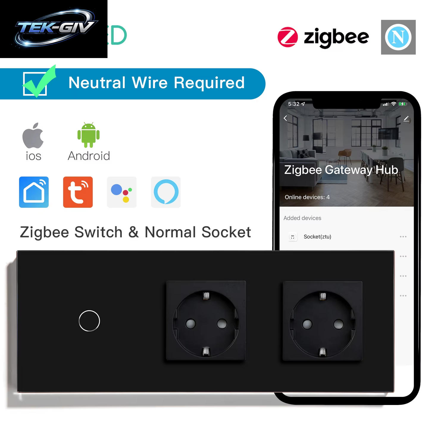 BSEED 1/2/3Gang Zigbee Wand-Touch-Schalter plus Eu-Steckdosen Doppelte Dreifach-Lichtschalter Tuya Smart Life App Neutral Erforderlich