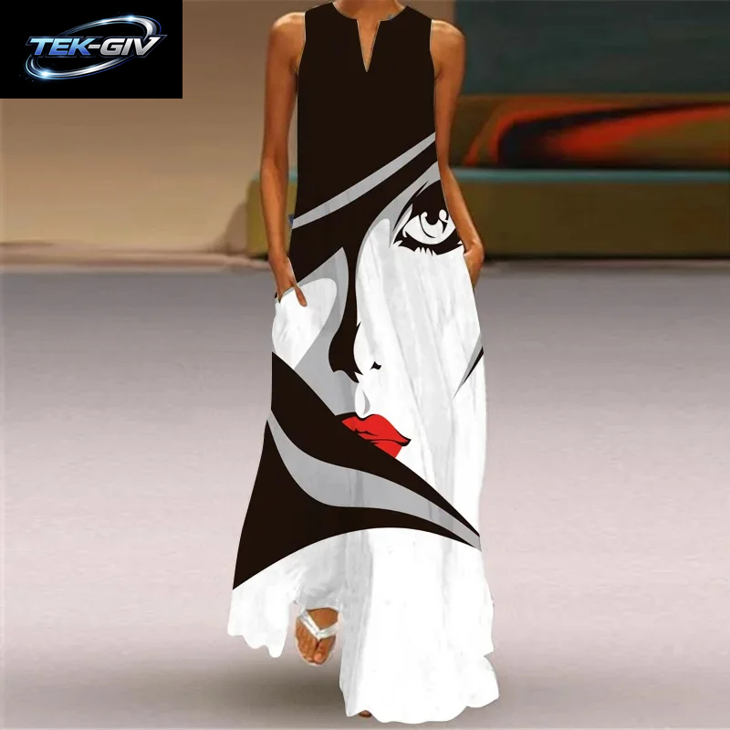 Sommer Outdoor Street Fashion Frauen Langes Kleid Neue Abstrakte Kunstdruck Kleid Ärmellose Weste V-Ausschnitt Mode Frauen Party Kleid